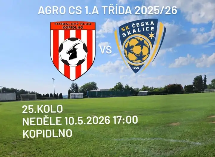 Zápas áčka FK Kopidlno vs SK Česká Skalice se hraje v neděli